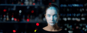 A woman with a digital overlay of facial recognition technology, symbolizing advanced ID verification. The background features a blurred, colorful urban setting, reflecting a focus on technology in preventing synthetic identity fraud